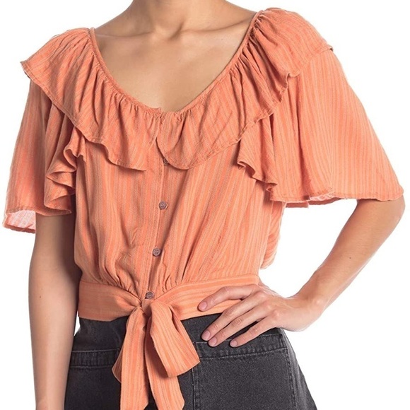 FREE PEOPLE Rosemary Tie Font Crop Top Ruffle Sleeves and Buttons Medium - Picture 9 of 9